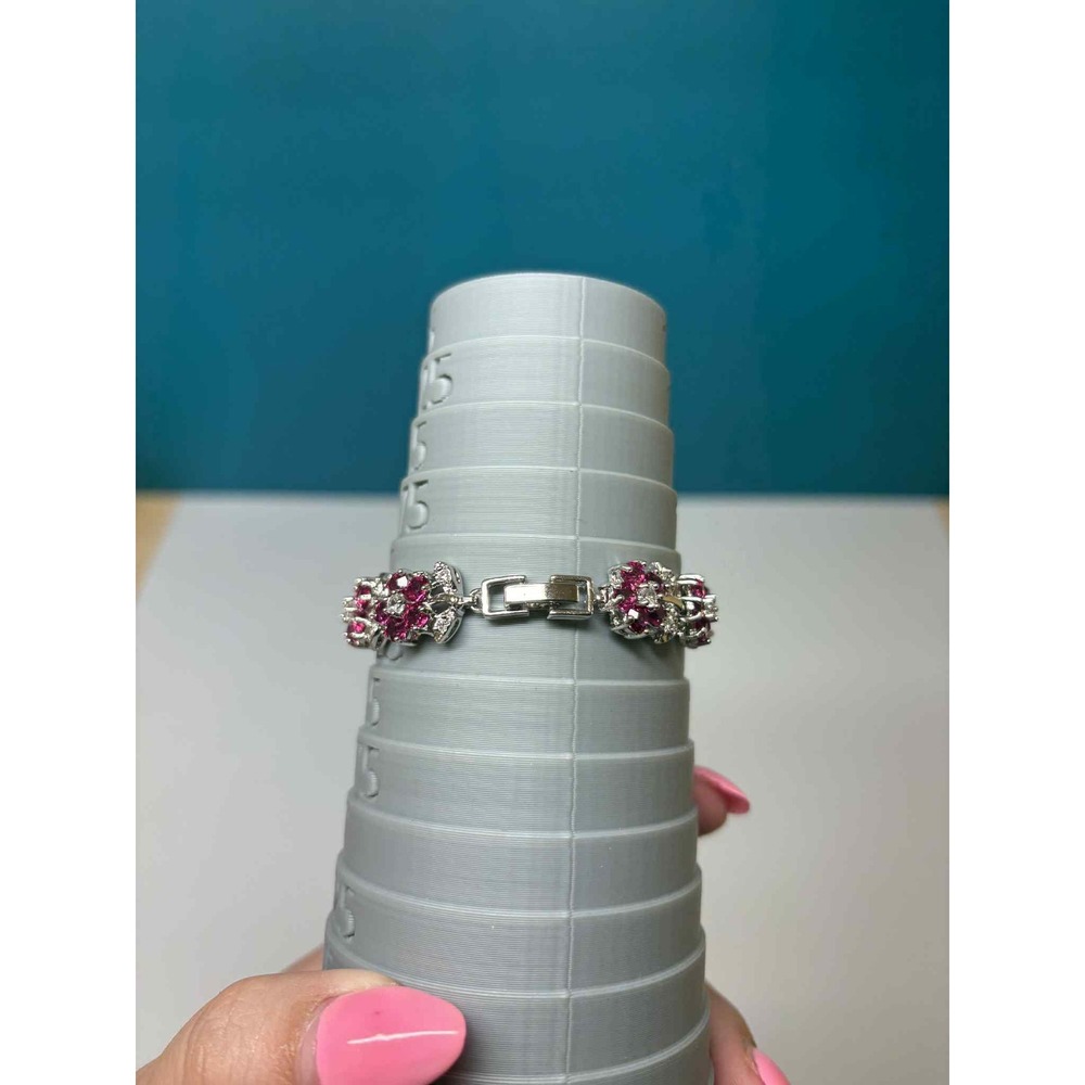 Silver Tone Pink Rhinestone Floral Link Bracelet Fold Over Clasp 6.5‎ Inch